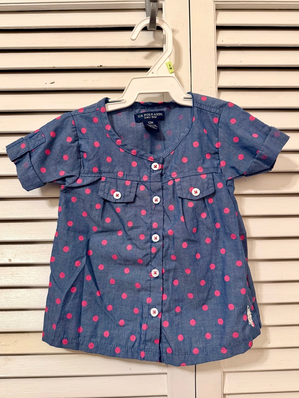 U.S. Polo Assn. Navy Blue Short Sleeve Button-Down Shirt with Pink Polka Dots